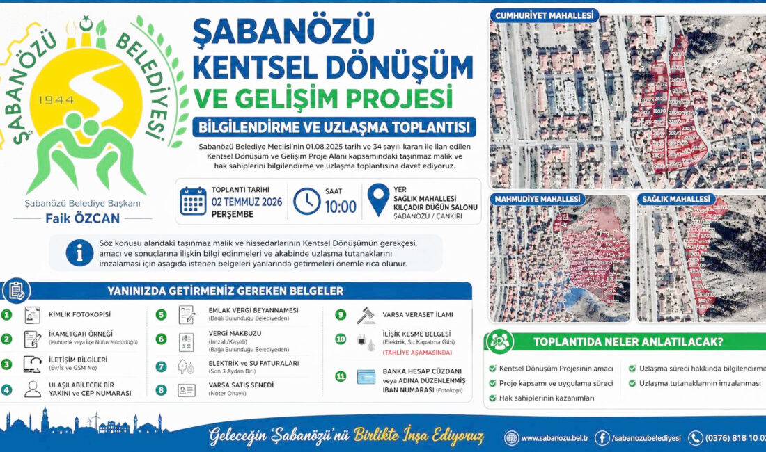 Şabanözü’nde Dev Adım: Kentsel Dönüşüm İçin Büyük Uzlaşma Toplantısı! Şabanözü Belediyesi, ilçenin çehresini değiştirecek dev proje için düğmeye bastı.